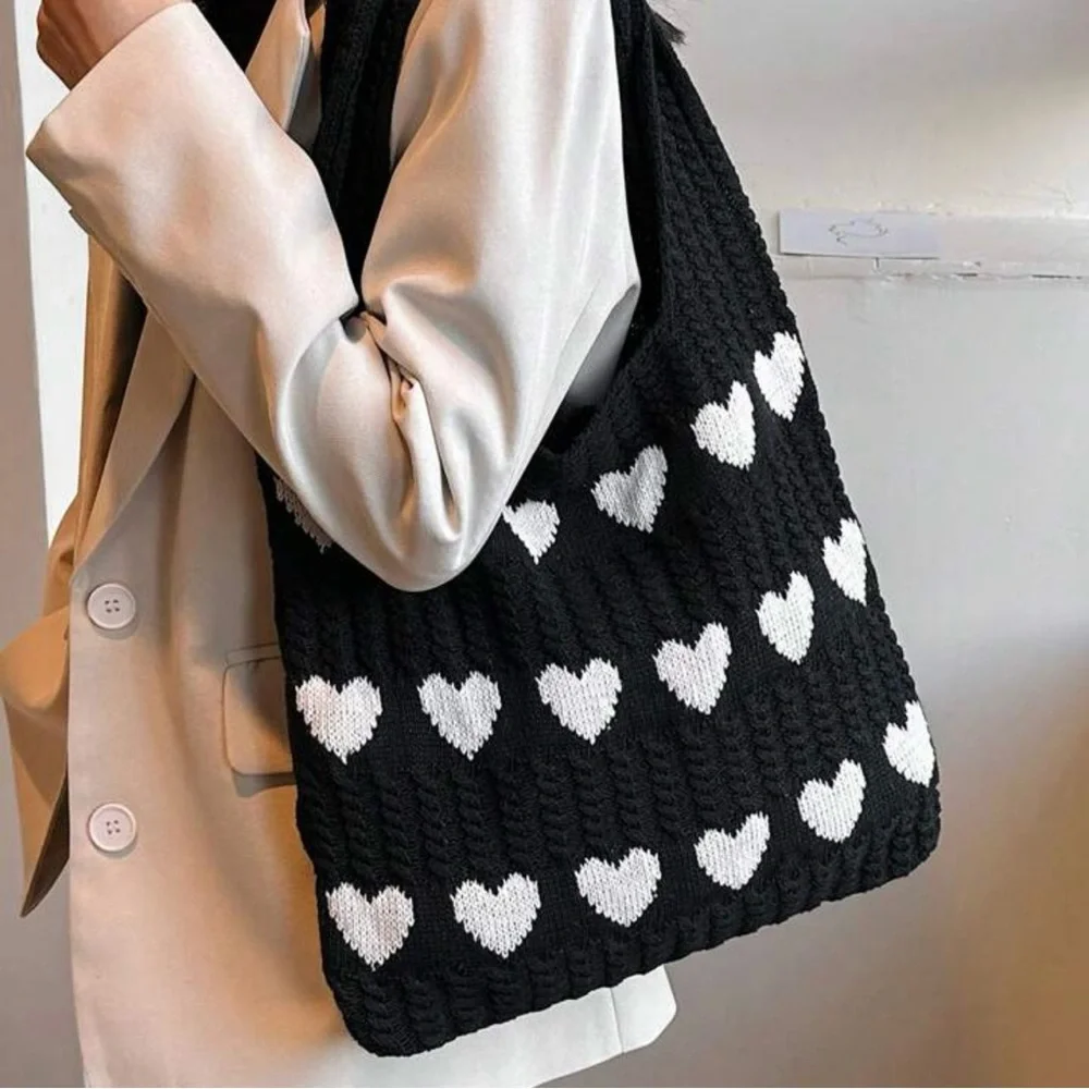 Unbranded Cable Knit Heart Print Tote Bag Brown White